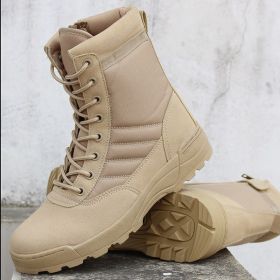 Men's Work Shoes Genuine Leather Waterproof Lace Up Tactical Boot Fashion Motorcycle Men Combat Ankle Military Army Boots (Color: Sandy 1)